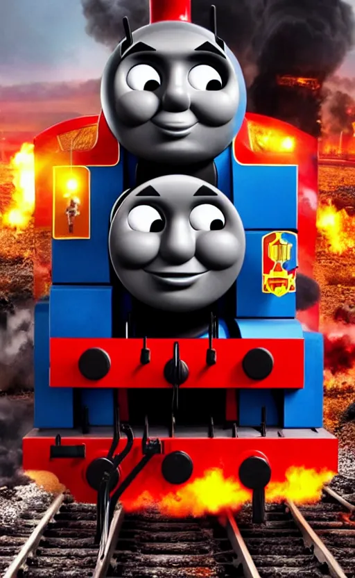 Prompt: thomas the tank engine vs. optimus prime : big revenge : coming soon to theaters, epic cinematic poster, post - apocalypse, demolition, dark, dramatic, real life, realistic, photo, photorealistic, detailed, high quality, high resolution, 8 k, hdr, 4 k