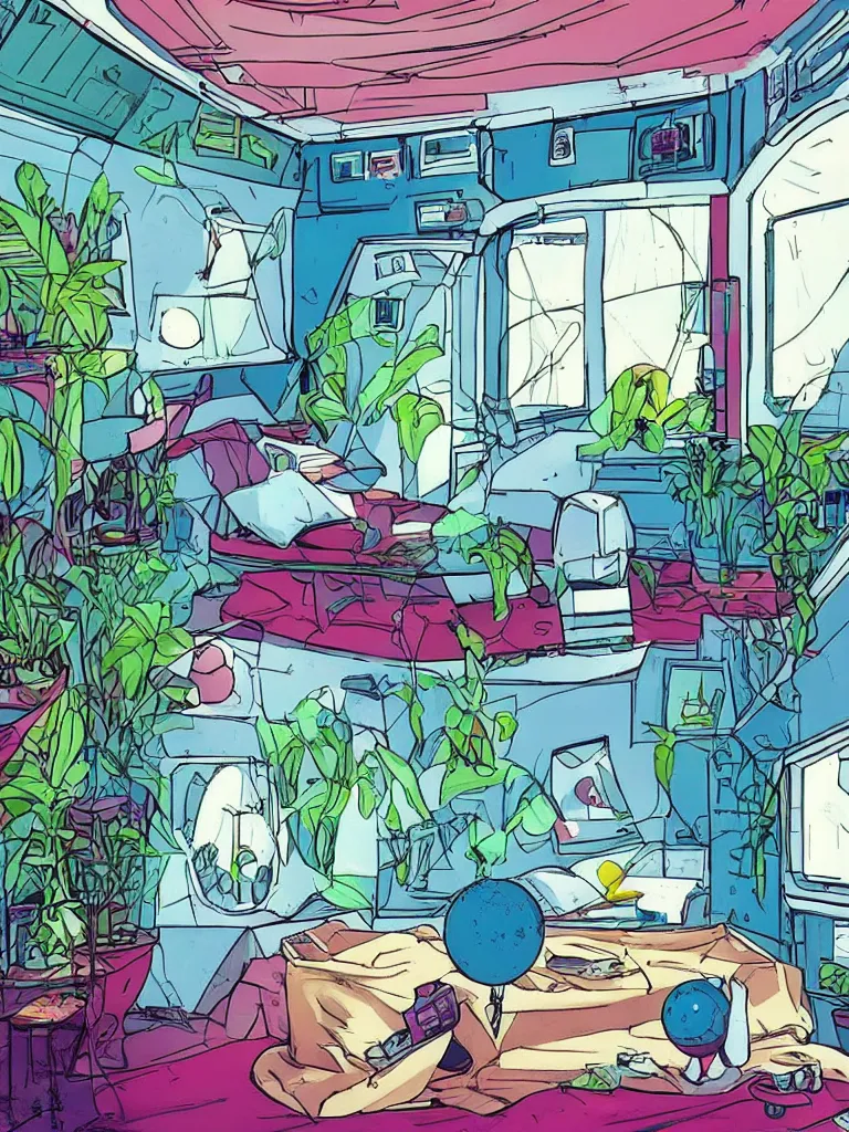 Image similar to Interior of a small, comfy bedroom on a spaceship. In the background is a large window showing outer space. Spread out around the room are lush plants. Graphic novel, bold warm and cool colours,