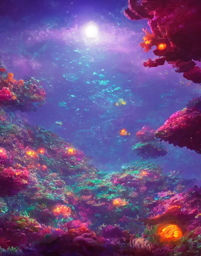 Image similar to thriving coral reef filled with tropical fish glowing at night in the sea under the moonlight with reflections, environment concept art, ethereal anime, high detail Impressionist style, dreamy light color palette, style of studio ghibli and moebius, concept art stunning atmosphere, trending on artstation, volumetric light