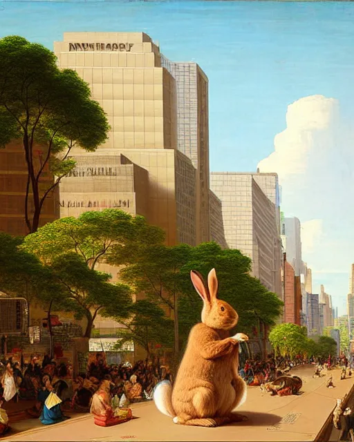 Image similar to a rabbit bear, sitting in tokyo, unique, sunny day, busy street, art by thomas cole