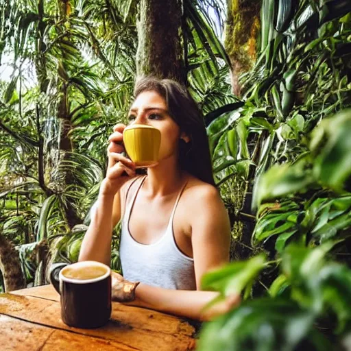 Prompt: woman drinking coffee in jungle, good lighting