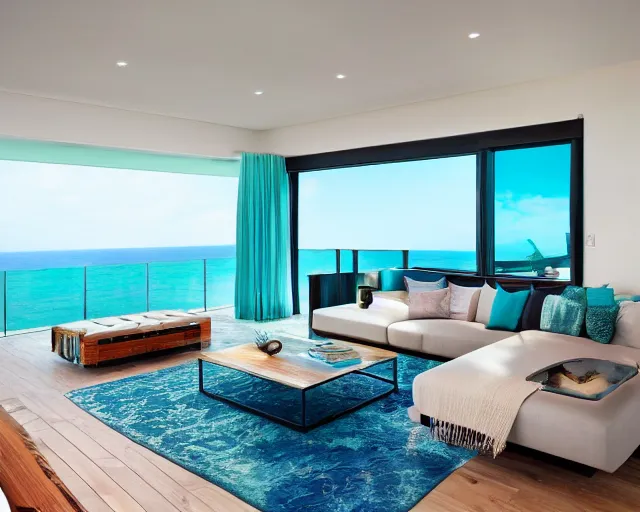 Image similar to A modern living room in a ocean hues style, inspired by the ocean, big Terrace overlooking the ocean, luxurious wooden coffee table, calm, relaxed style, harmony, wide angle shot, 8k resolution