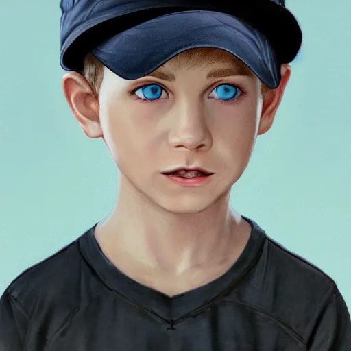 Prompt: a detailed portrait of a boy with light blue eyes wearing a black cap, realistic and detailed eyes, art illustration, incredibly highly detailed and realistic, 8 k, sharp focus