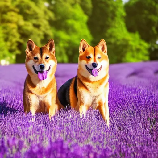 Image similar to A group of Shiba Inus in Purple Lavender field, 8k UHD, Nature photography, high detail, High quality, stunning lighting, beautiful lighting,