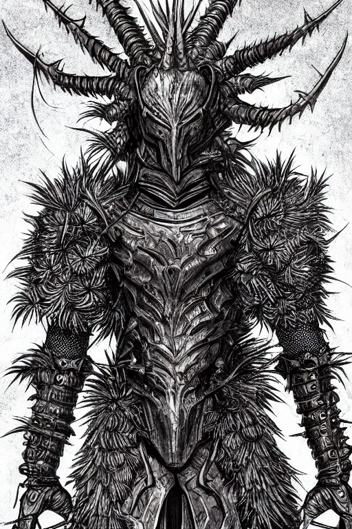 Prompt: thistle humanoid heavily armoured, symmetrical, highly detailed, digital art, needles, thorns, goat horns, sharp focus, trending on art station, kentaro miura manga art style