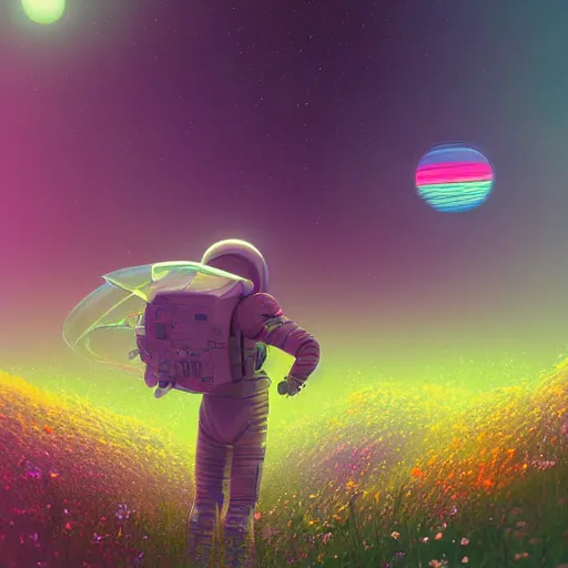 Image similar to an alien astronaut among a field of foreign flowers by rossdraws and beeple, cosmic nebulae, deviantart:4, bokeh, dark rainbow, cgsociety