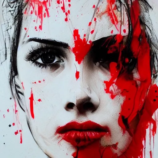 Image similar to portrait of young beautiful woman with two faces covered in red dripping paint, artwork by guy denning and charlie bowater,