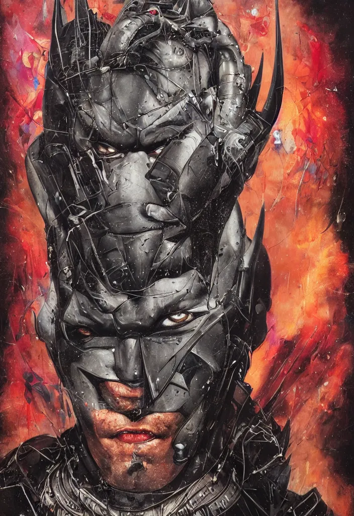 Image similar to portrait of Batman, saint roch oil painting Sandro Boticelli ,8k,by tristan eaton,Stanley Artgermm,Tom Bagshaw,Greg Rutkowski,Carne Griffiths, Ayami Kojima, Beksinski, Giger,trending on DeviantArt,face enhance,hyper detailed,minimalist,cybernetic, android, blade runner,full of colour