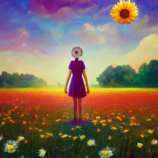 Image similar to giant daisy flower as head, girl standing in a flower field, surreal photography, sunrise, dramatic light, impressionist painting, colorful clouds, digital painting, artstation, simon stalenhag