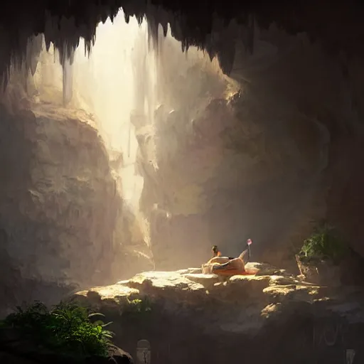 Image similar to cozy, empty hotspring hidden in a cave, candlelight, towels, cushions, natural light, lush plants and flowers, elegant, smooth cave rock, fantasy, atmospheric lighting, digital painting, Greg Rutkowski concept art