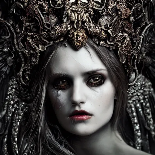 Image similar to a portrait of female model by stefan geselle and nekro borja, photorealistic, intricate details, hyper realistic, dark fantasy, ornate headpiece, dark beauty, photorealistic, canon r 3, photography, wide shot