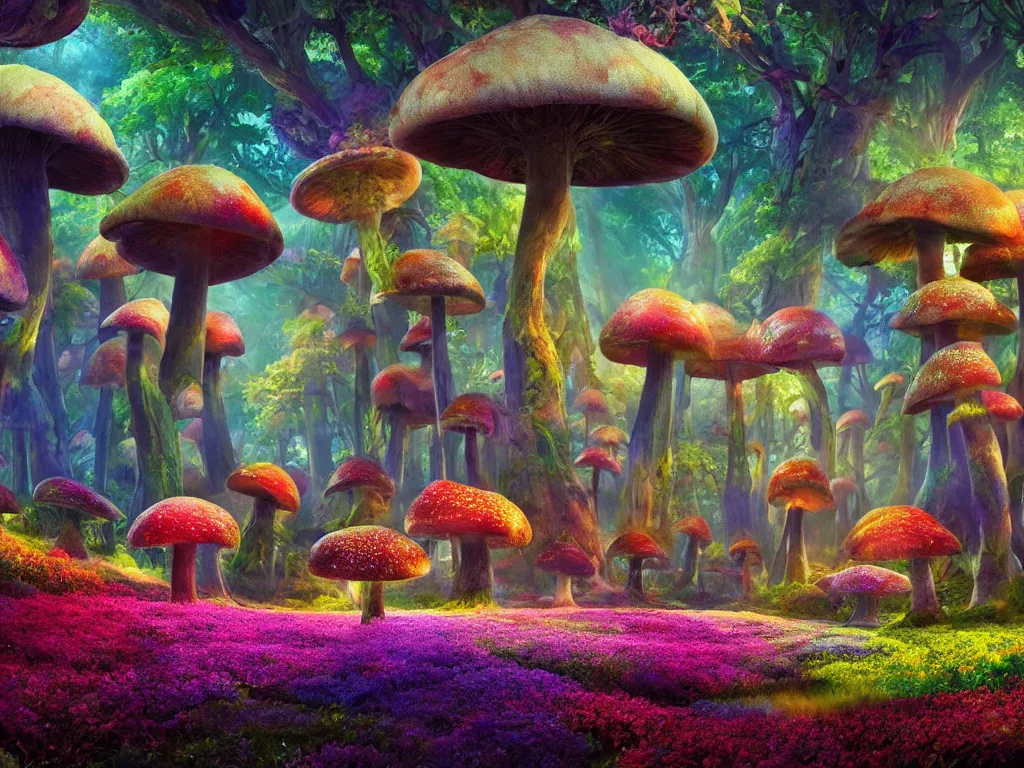 Image similar to a beautiful otherworldly fantasy landscape of giant luminous mushroom trees forming canopies over bright colorful mythical sprouted floral plants and colorful foliage on the ground, like alice in wonderland, extreme detail, rendering, cryengine, deep color, vray render, cinema 4 d, cgsociety, bioluminescent