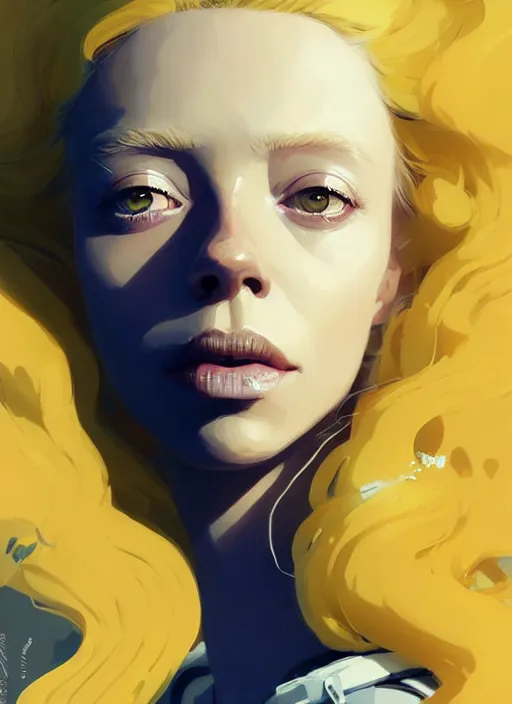 Image similar to highly detailed closeup portrait of beautiful portia doubleday, blonde wavy hair, angela moss, white suit by atey ghailan, by greg rutkowski, by greg tocchini, by james gilleard, by joe fenton, by kaethe butcher, gradient yellow, black and white color scheme, grunge aesthetic!!! ( ( graffiti tag wall background ) )