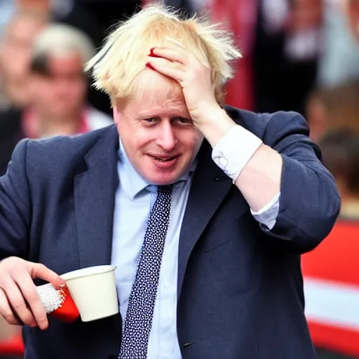 Image similar to boris johnson having milkshake thrown on him