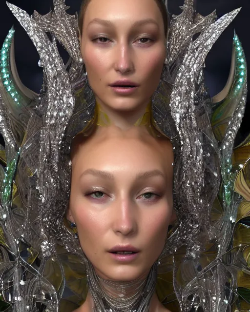 Prompt: a highly detailed metahuman 4 k close up render of an alien goddess nymph bella hadid in iris van herpen dress schiaparelli in diamonds crystals swarovski and jewelry iridescent in style of alphonse mucha gustav klimt trending on artstation made in unreal engine 4