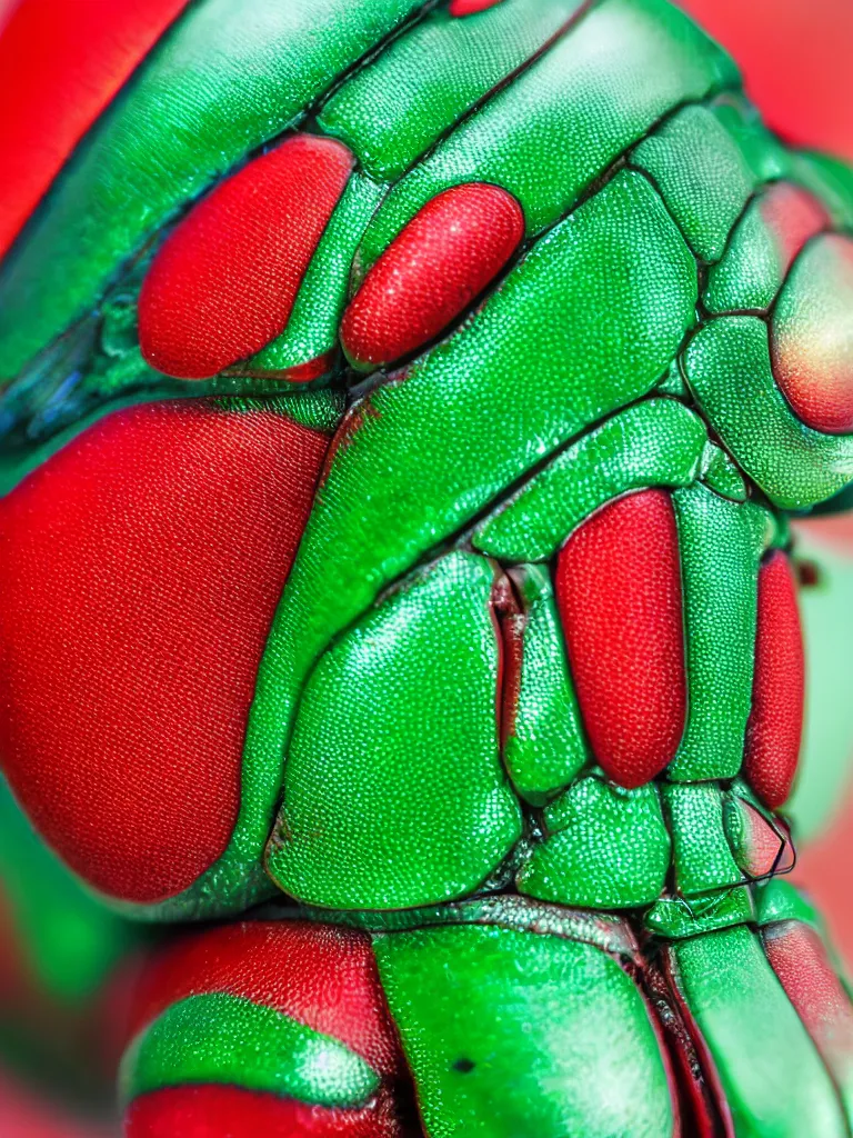 Image similar to subsurface scattering. close - up shot of a beautiful red white and green beetle. insect eyes. complementary color scheme. studio photography high quality highly detailed award winning photograph by national geographic. lynda benglis soft volumetric light, smooth gradient.