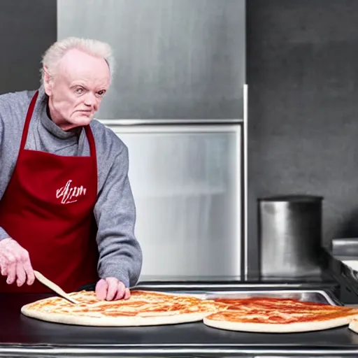 Prompt: A still of Ian McDiarmid as Emperor Palptine making a pizza, 4k, photograph, ultra realistic, highly detailed, professional lighting