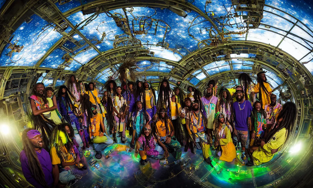 Prompt: very very beautiful portrait of inside a zero g rastafarian space station, diverse skin colors, in harmony with nature, solarpunk, community celebration, soundsystem, bass culture, high technology, village, with detailed realistic smiling faces, surrounded by advanced elegant factory machinery, galaxy and stars visible through the hexagonal glass roof, biomechanical, symmetrical, sunrise, golden ratio, elegant, visionary, streamlined, elite, lush, atmospheric, volumetric lighting, haunting, wide angle, cinematic, trending on artstation, unreal engine, 8k, vivid and vibrant