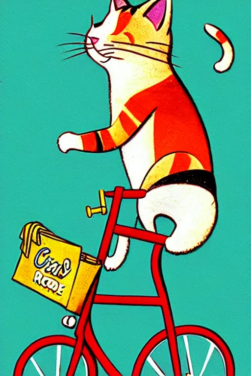 Image similar to by richard scarry. a cat riding a bike. a 1 9 5 0 s retro illustration. muted colors, detailed