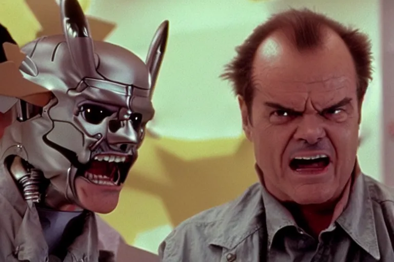 Image similar to Jack Nicholson plays Pikachu Terminator, scene where his inner endoskeleton gets exposed and his eye glows red, still from the film