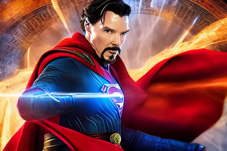 Image similar to film still of Doctor Strange as Superman in Justice League movie, 4k