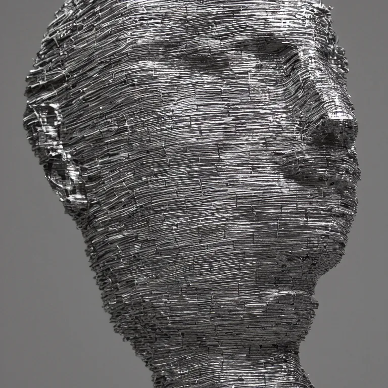 Prompt: sculpture of a head made from stainless steel staples, museum art, high concept, photorealistic, high resolution, dramatic lighting, modern art, tate musem, 3 5 mm