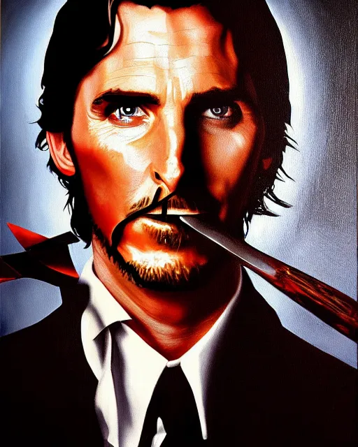 Image similar to oil painting portrait of christian bale american psycho holding an axe, cinematic lighting, high production value, intricate details, high resolution, hdr, high definition, masterpiece, realistic, ultrarealistic, highly detailed, hd, sharp focus, non blurry, sharp, smooth