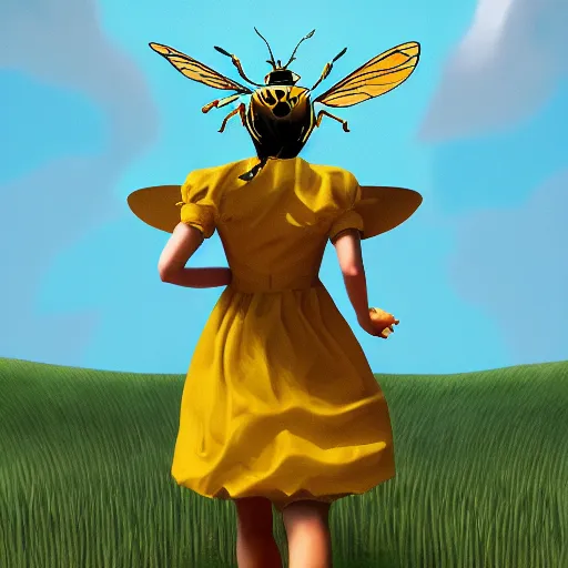 Image similar to a girl in a yellow dress riding a giant bee in the field, trending on artstation