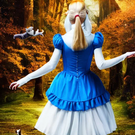 Prompt: beautiful full body portrait of alice in wonderland, age 3 5, atmospheric, 4 k, mary janes, white rabbit