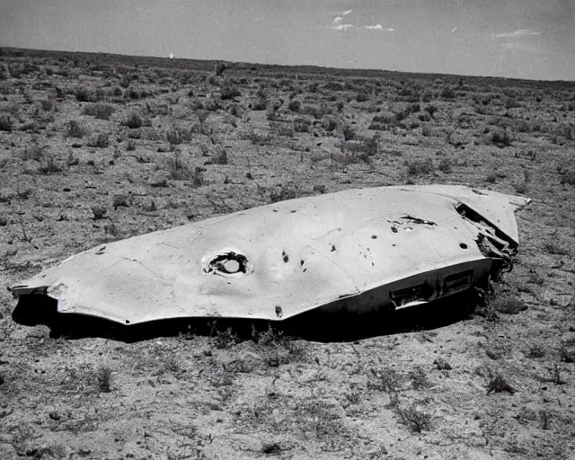 Prompt: a sophisicated alien spacecraft, crashed in roswell, 1947, early black and white photo, yellowed with age, cdx