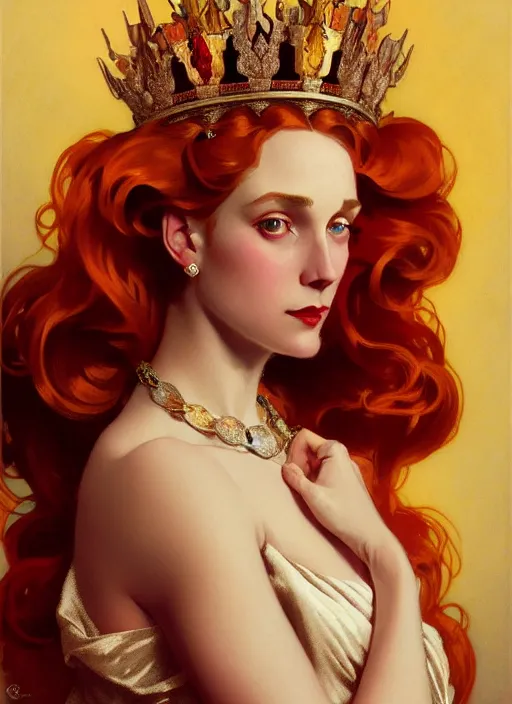 Image similar to leyendecker, ombre velvet gown, lovely queen, portrait, long red hair, small crown, dozens of jeweled necklaces, feral languid woman, by greg rutkowski, anato finnstark, alphonse mucha, global illumination, radiant light