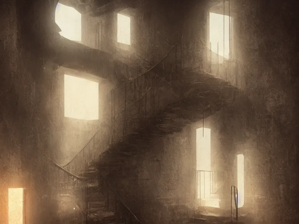 Image similar to a gloomy long staircase at the end in the depth is a door with illuminated sign, digital painting, concept art, smooth, sharp focus, hyperrealistic, illustration, artstation trending, octane render,