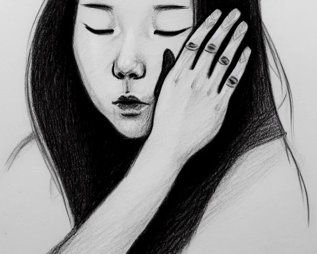 Image similar to draft drawing of a woman covering her face with her hands, a sketch by choro choi, thin stroke, trending on artstation, context art, pencil sketch, high detail, kinetic