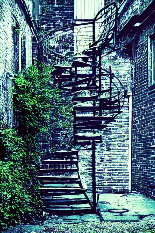 Image similar to small overgrown urban garden at twilight in Montreal backalley, brick wall, metal spiral staircase, overcast sky, moonlight, volumetric lighting, cell-shading, blue and black color scheme, digital art