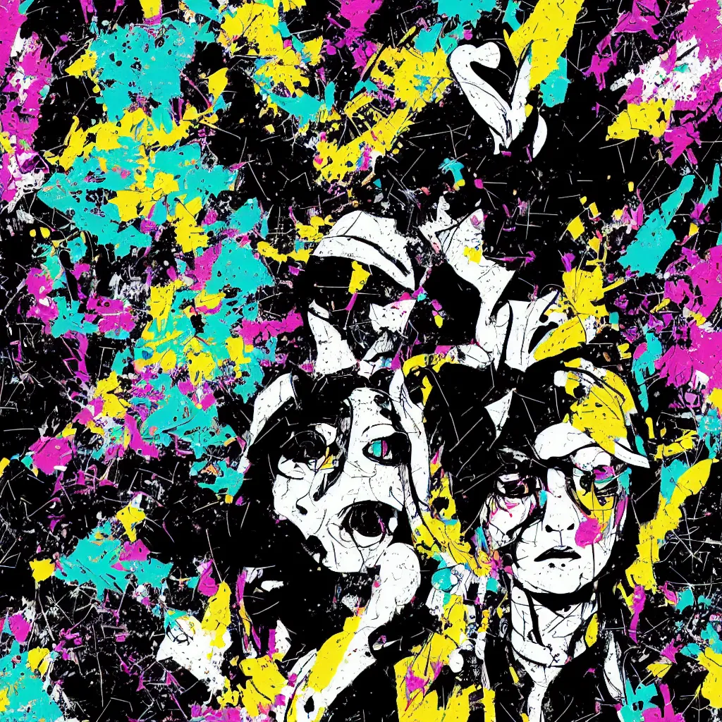 Image similar to person wearing bunny ear hat, abstract, jet set radio artwork, ryuta ueda artwork, cryptic, rips, spots, asymmetry, stipple, lines, glitches, color tearing, pitch bending, stripes, dark, ominous, eerie, hearts, minimal, points, technical, natsumi mukai artwrok, folds