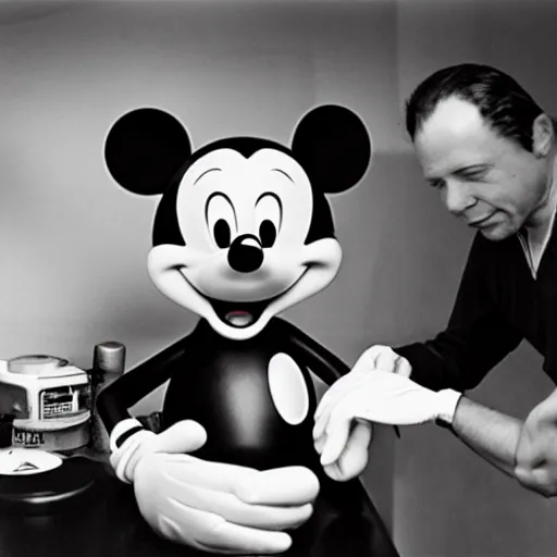 Prompt: photo of mickey mouse ’ s autopsy, black and white, wide angle