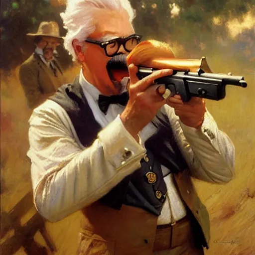 Image similar to colonel sanders killing donald mcdonald with gun, highly detailed painting by gaston bussiere, craig mullins, j. c. leyendecker, 8 k