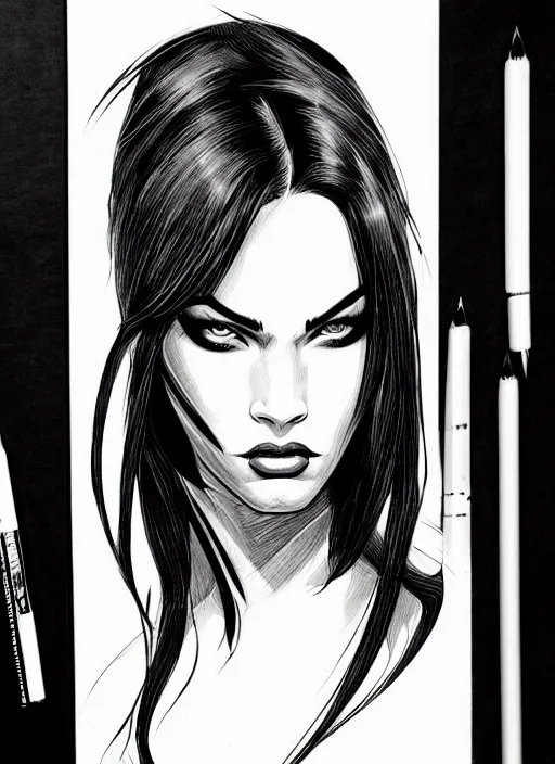 Prompt: symmetry concpet art, full shot, traditional ink, sketch, of megan fox as venom, line sketch, intricate, elegant, highly detailed, monochrome, digital painting, artstation, concept art, sharp focus, illustration, art by borderlands 3 and peter polach