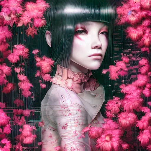 Image similar to a portrait of a woman with pink hair surrounded by flowers, cyberpunk art by otomo katsuhiro and mark ryden, cgsociety, computer art, circuitry, dystopian art, academic art insanely quality, highly detailed, masterpiece, red light, artstation, 4 k