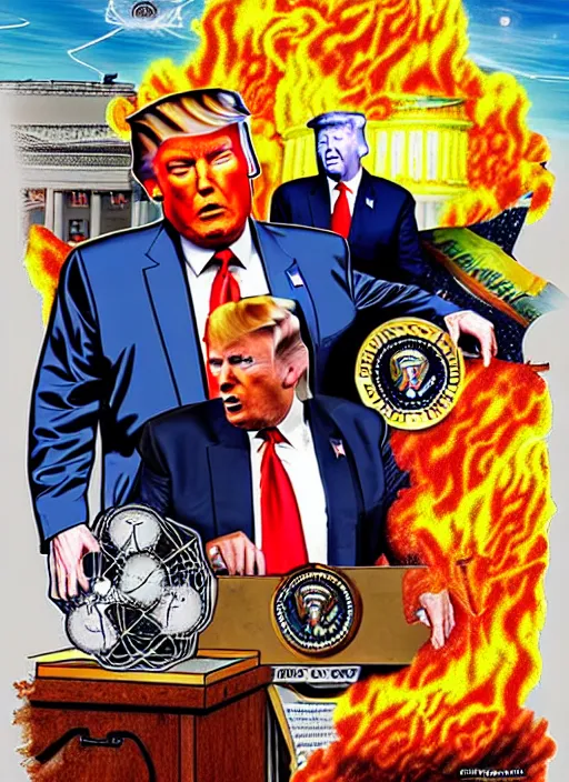 Image similar to david dees conspiracy image featuring donald trump and nuclear waste, hyper detailed