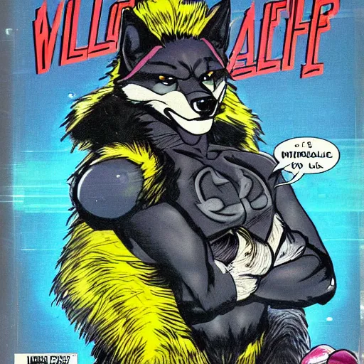 Image similar to 1 9 8 0 s comic book cover scan featuring a portrait of villain male wolf o'donnell anthropomorphic wolf furry fursona from starfox wearing a dark space mercenary uniform, dark grey wolf, handsome eyes, wolf o'donnell