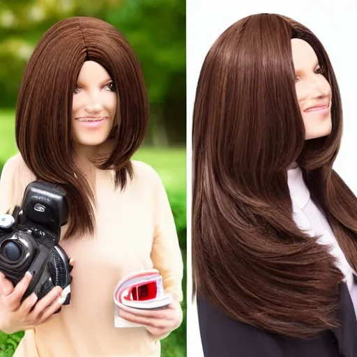 Image similar to a dslr camera with a brunette wig, hyperrealistic