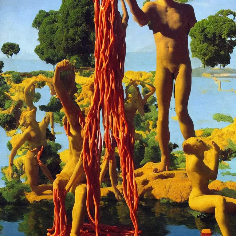 Prompt: A Monumental Public Sculpture of a Hand Making Thumbs Up Gesture made out of Gummy Spaghetti on a pedestal by the lake, surreal oil painting by John Singer Sargent and Maxfield Parrish and Max Ernst shocking detail hyperrealistic studio lighting