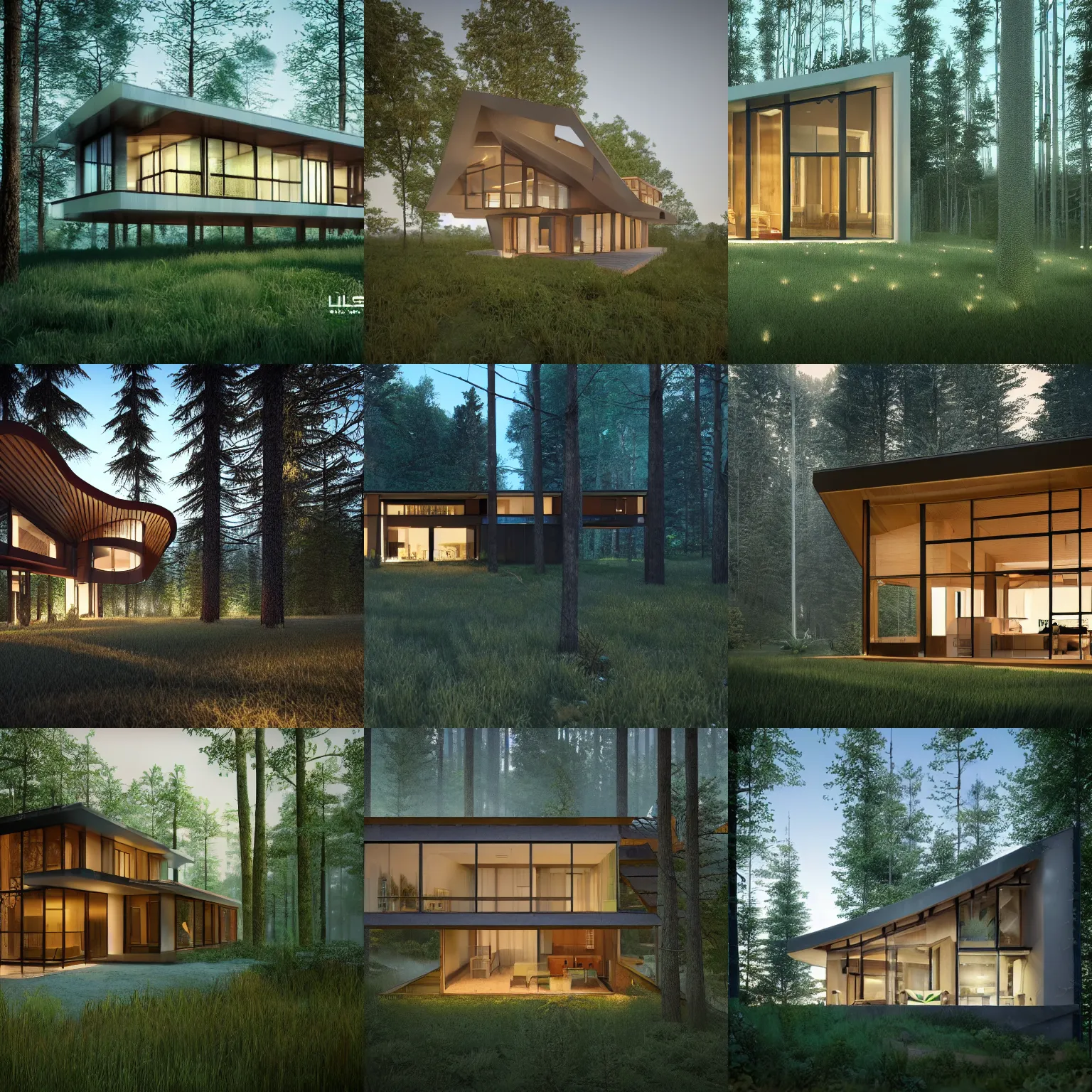 Image similar to a house in the middle of the forest, lights inside, contemporary architecture, architecture render, unreal engine, detailed