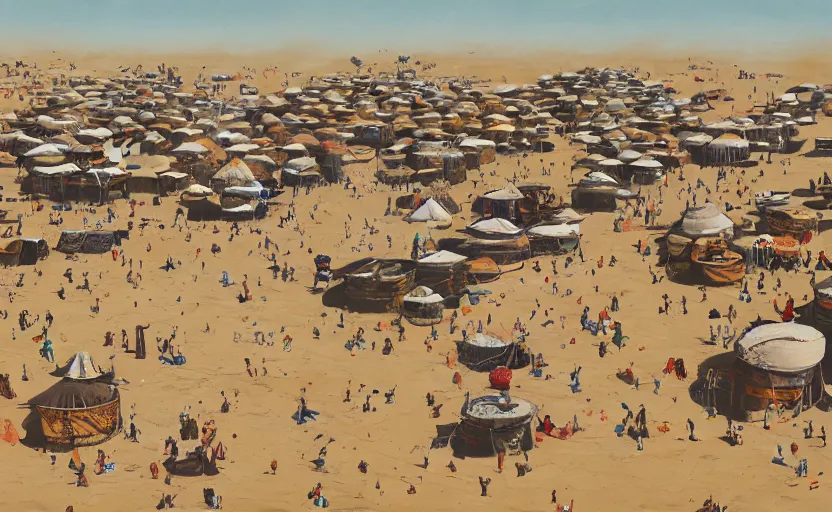 Image similar to the conceptual art design depicts a tent bazaar in a Middle Eastern desert region. Canvases with Japanese floral patterns make up the tents.