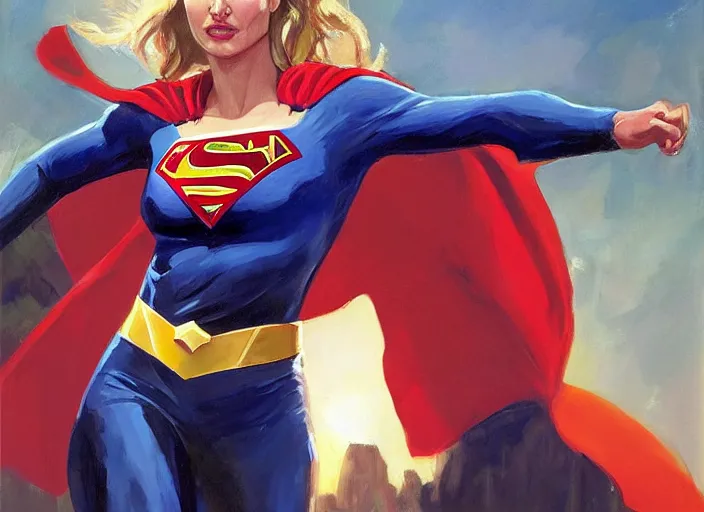 Prompt: a highly detailed beautiful portrait of natalie portman as supergirl, by gregory manchess, james gurney, james jean