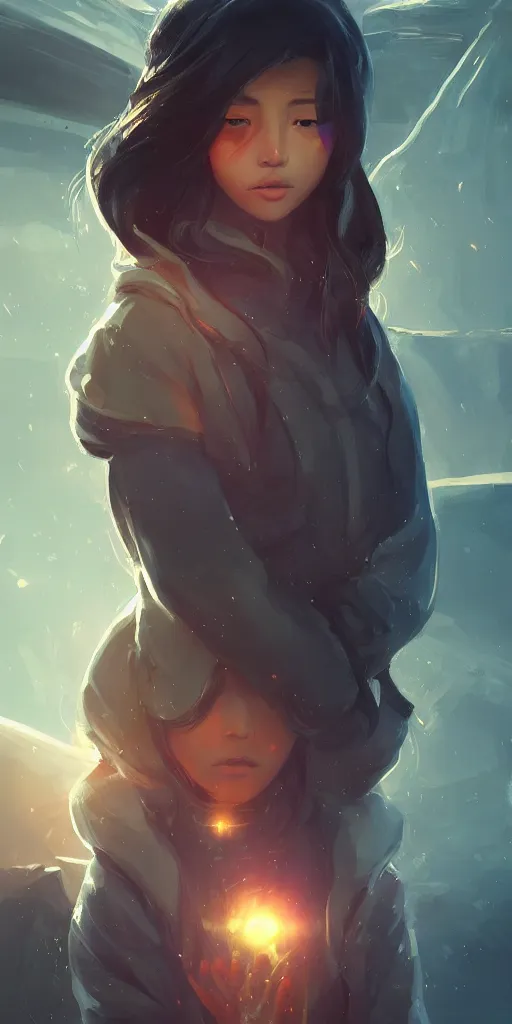 Prompt: beautiful young Himalayan woman, sad, futuristic, somber, iridescent sci-fi hoodie, by Makoto Shinkai and Wojtek Fus, by studio trigger, rossdraws, ambient occlusion