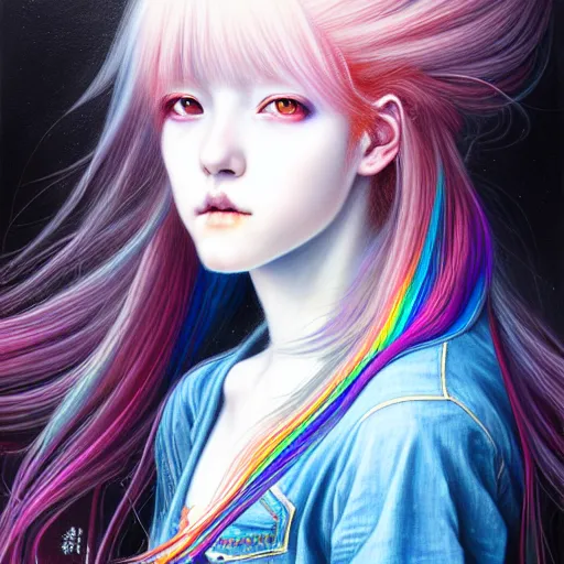 Prompt: a portrait of girl with rainbow hair white shirt, denim shorts, an ultrafine detailed painting by ayami kojima, cgsociety, fantasy, anime digital art, lovecraftian, cosmic horror, detailed painting