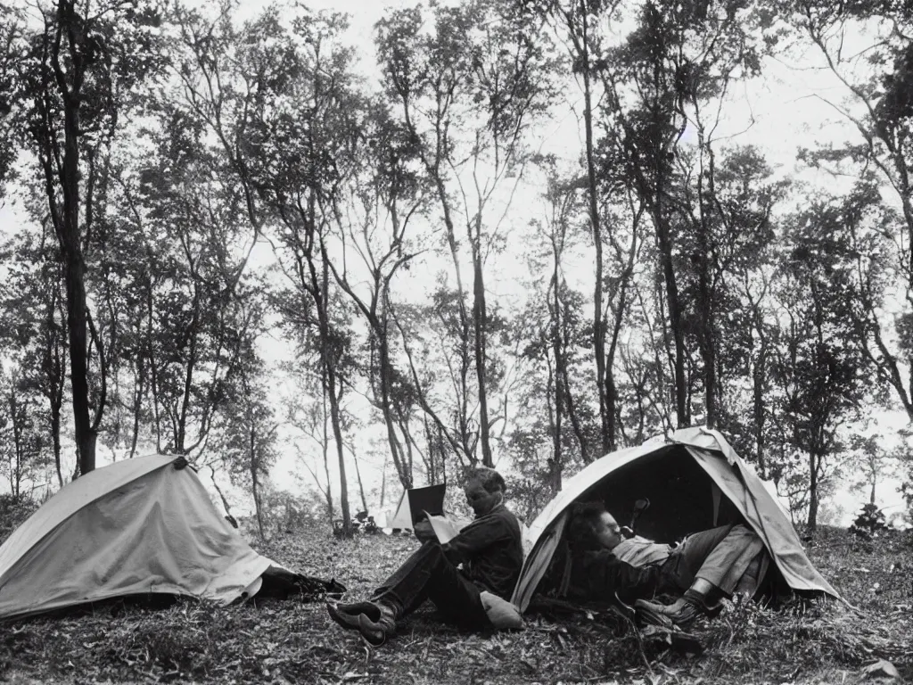 Prompt: man with eye glasses reading in a tent in the forest. plane in the sky far away. artwork by henri cartier bresson