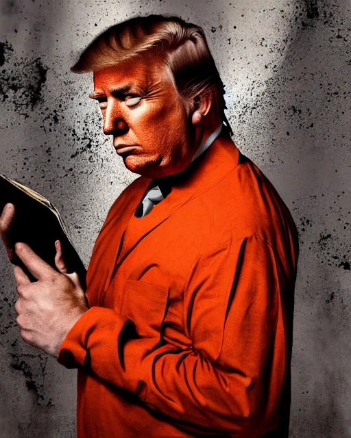 Prompt: a head and shoulders portrait of Donald trump wearing orange prison clothing holding a bible standing in a filthy concrete jail In a maximum security prison, dimly lit, volumetric lighting,, craig mullins octane, 8k,
